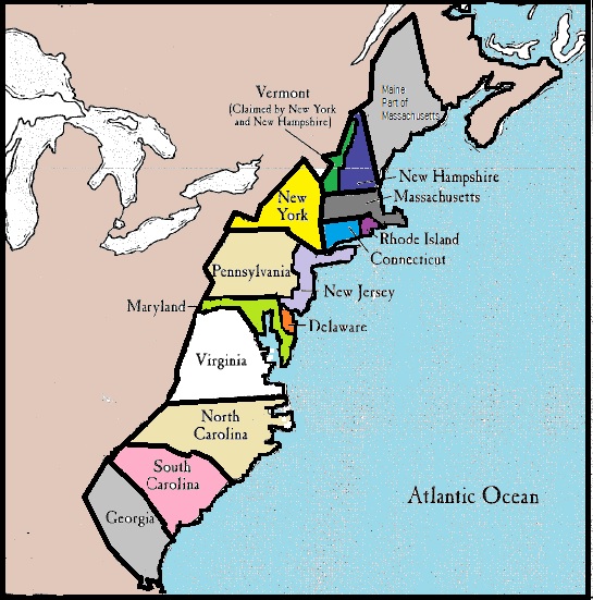 13 colonies map labeled