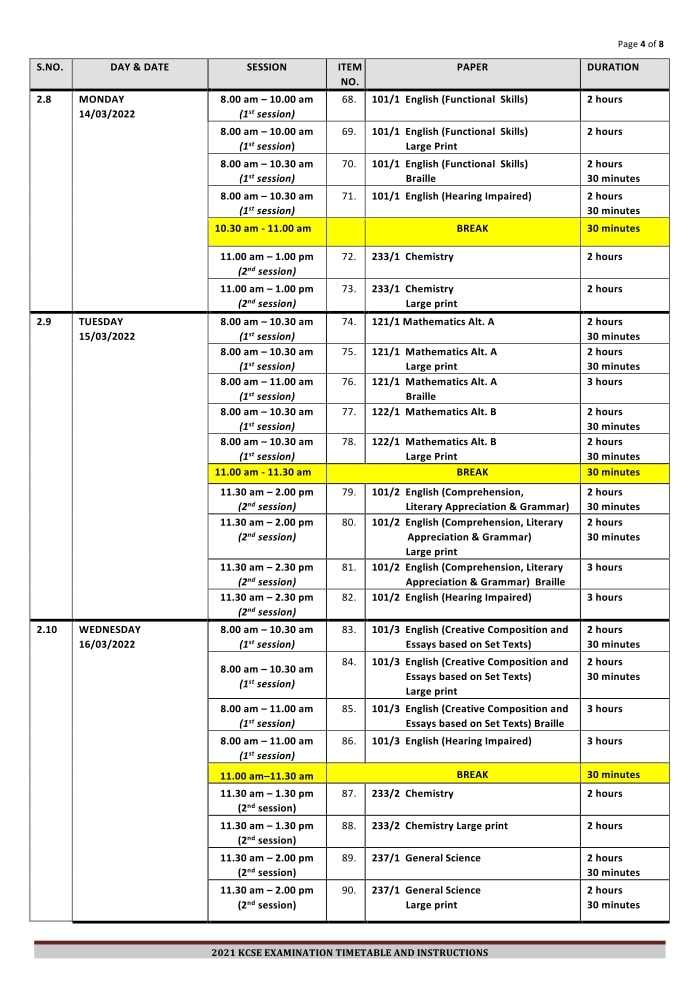 2021-KCSE-Timetable