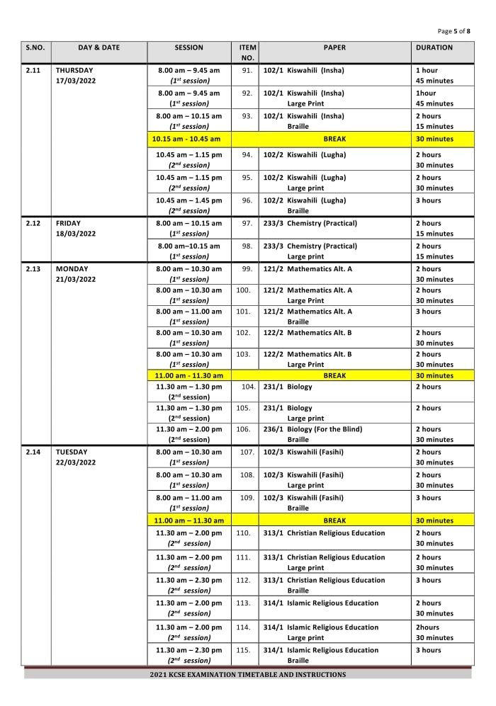 2021-KCSE-Timetable