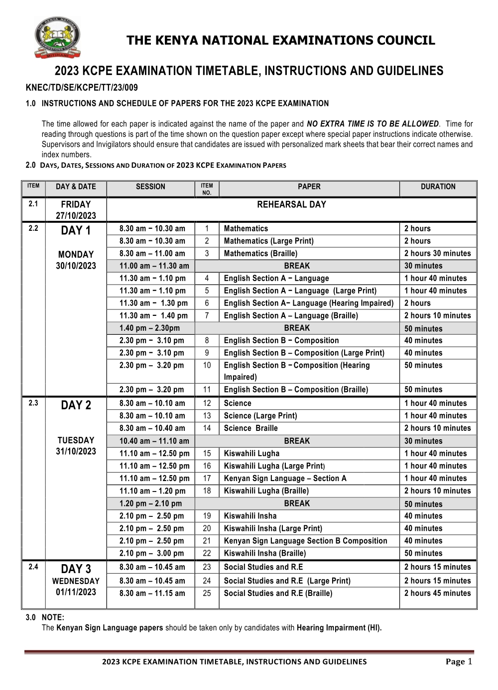 2023-KCPE-Timetable
